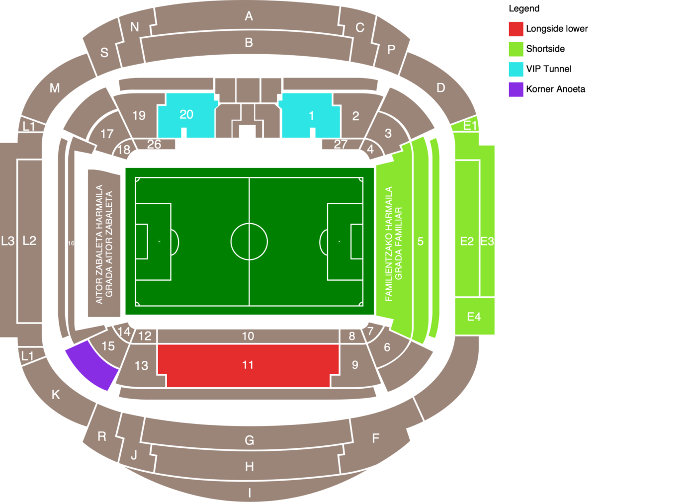 Plano de Estadio Anoeta con las categorías disponibles
