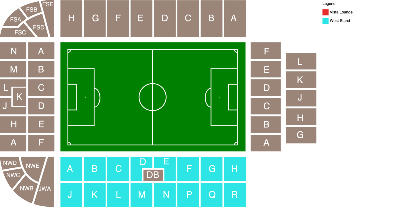 Seating plan of The Valley showing the available categories