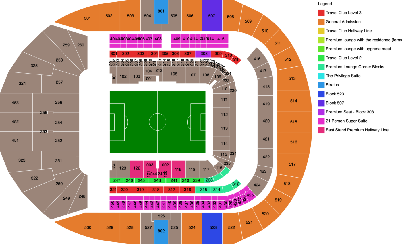 Plattegrond van Tottenham Hotspur Stadium met de beschikbare categorieën